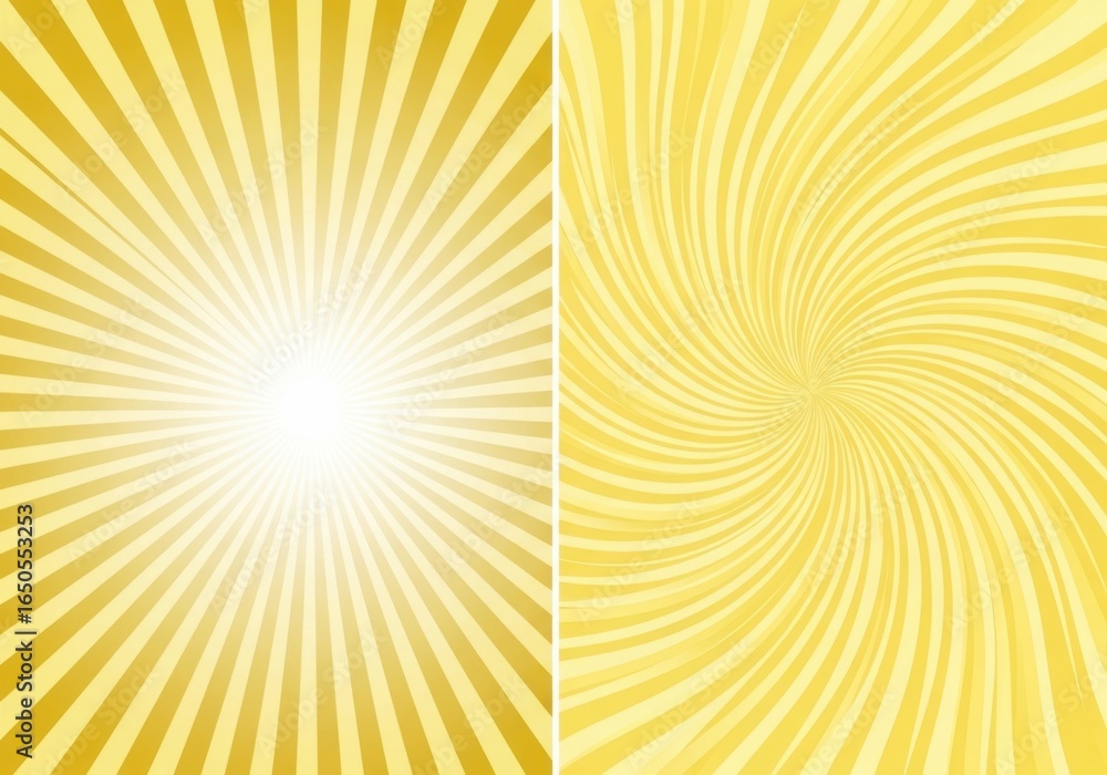 Obraz premium Split image showing two abstract yellow radial burst patterns with bright centers, one with straight lines and the other with swirling lines