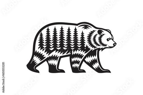 Stylized Forest Bear Icon Black and White Bear on White Background