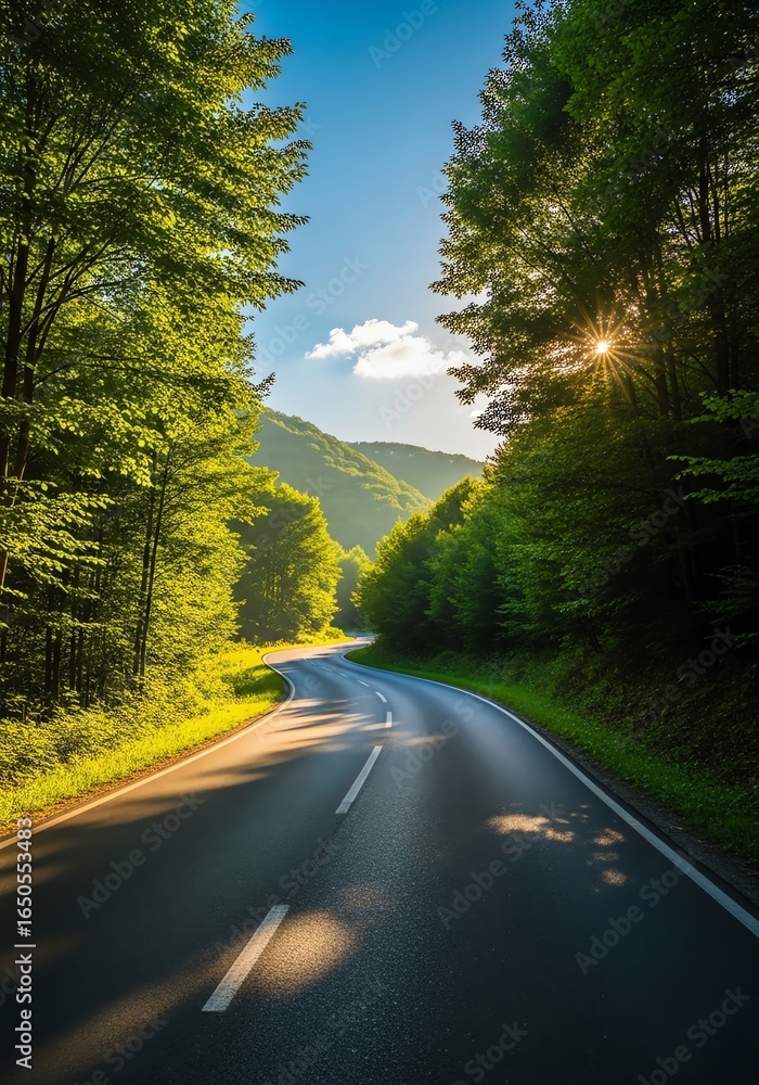 Fototapeta premium Mountain road winding through lush forest landscape