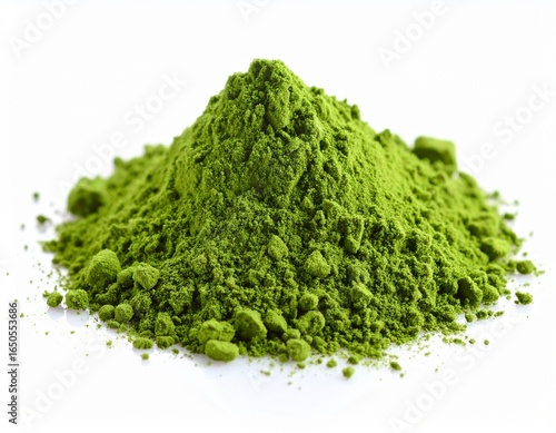 A close-up of ceremonial matcha being prepared, showcasing its rich color and fine texture perfect for themes of natural energy, and mindful rituals. Versatile matcha powder, white background 