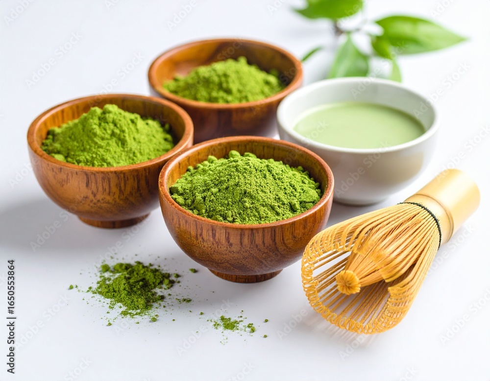 A close-up of ceremonial matcha being prepared, showcasing its rich color and fine texture perfect for themes of natural energy, and mindful rituals. Versatile matcha powder, white background A close-up of ceremonial matcha being prepared, showcasing its rich color and fine texture perfect for themes of natural energy, and mindful rituals. Versatile matcha powder, white background