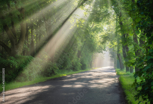 Obraz na plátně Beautiful sunrays in avenue of green trees