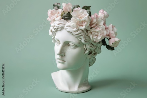 White marble statue of Apollo head with flowers and elegant white porcelain vase with pink bouquet on green background, minimalist interior decor concept