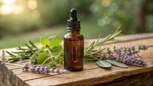Brown Glass Essential Oil Dropper with Rosemary, Lavender, and Eucalyptus on Rustic Wooden Surface