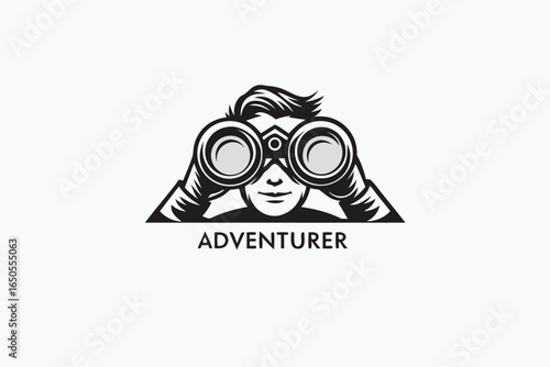 Monochrome Explorer in Hat with Backpack Viewing through Binoculars