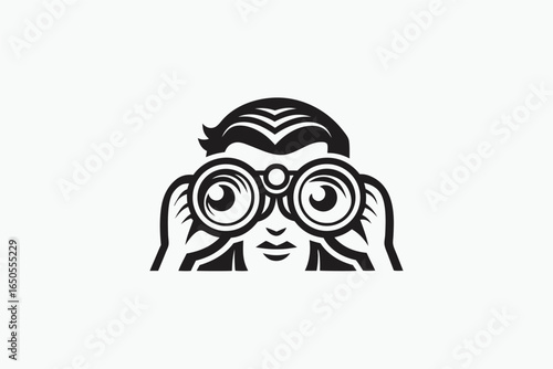 Smiling Explorer Looking Through Binoculars with Mountain Peaks on White Background