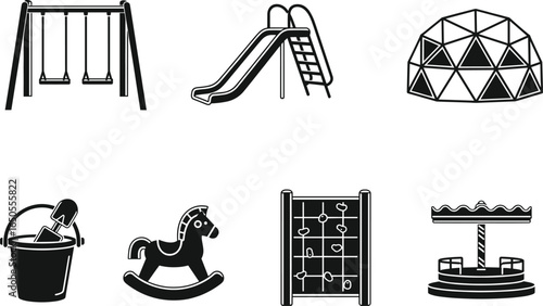 Kids playground equipment set, swings, slide, climbing dome, bucket and shovel, rocking horse, climbing wall, merry-go-round, outdoor play area
