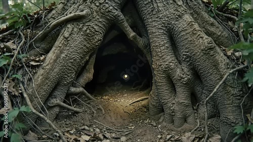 Hidden nook beneath gnarled tree roots
