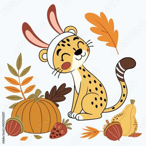 Vector illustration of a Relaxed Leopard with wearing bunny slippers, styled in a Thanksgiving theme using Harvest Blessings colors