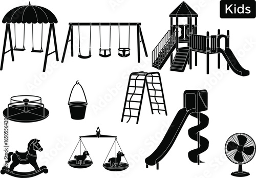Kids playground equipment set, swings, slides, climbing frame, merry-go-round, rocking horse, outdoor play area, fun activities for children, playground design