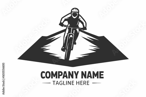Mountain Biking Illustration, Biker Silhouette on Peak, White Background