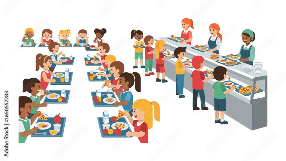 Fototapeta premium School Lunchtime: A lively illustration captures students and staff immersed in the daily ritual of school lunchtime, at a school cafeteria with tables and food counters. 