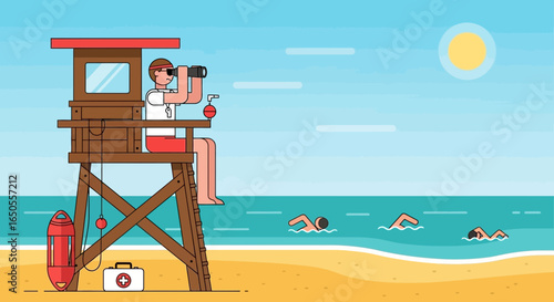 Lifeguard Watching Swimmers from Tower on Sunny Beach with Binoculars