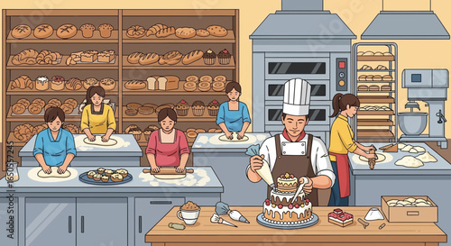 Bakery Kitchen with Pastry Chef Decorating Cake and Team Preparing Bread – Bakery Illustration