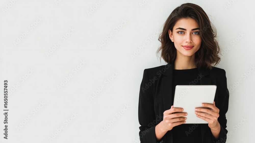 Confident Professional: A poised woman in professional attire holds a tablet, emanating confidence and a sharp sense of purpose, conveying a message of modern business and tech-savvy acumen. Confident Professional: A poised woman in professional attire holds a tablet, emanating confidence and a sharp sense of purpose, conveying a message of modern business and tech-savvy acumen.