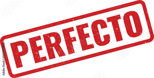 Red distressed rubber stamp with the word Perfecto imprinted diagonally, distressed texture, grunge style