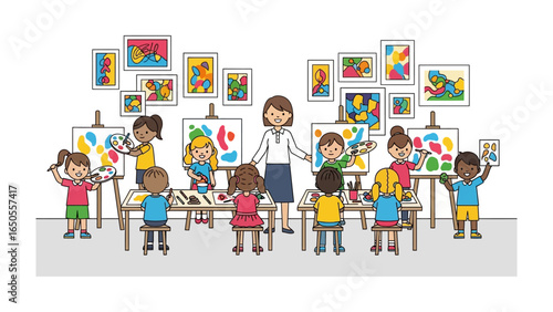 Colorful Classroom Harmony: A vibrant classroom scene, filled with children and their teacher, engaged in an art activity. The air is buzzing with creativity and learning. 