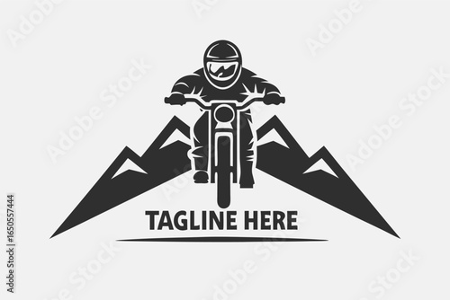 Motorcyclist in Helmet on Dirt Bike Silhouette With Mountain Peaks Style