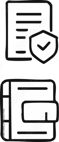 Handdrawn insurance policy and wallet icons set.