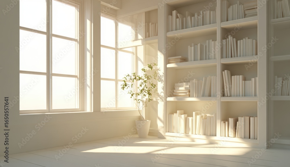Fototapeta premium Bright and airy interior space with large , sunlight streaming in, and a tall bookshelf filled with books and decorative items, creating a cozy and inviting atmosphere