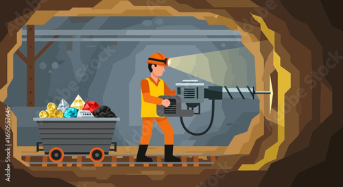 Miner Working Underground Tunnel with Drill and Mining Cart Full of Minerals – Mining Industry Illustration