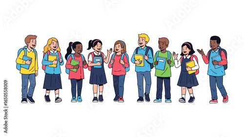 Group of students with Books: A cheerful assemblage of students stands together, their faces alight with enthusiasm as they carry books, backpacks.