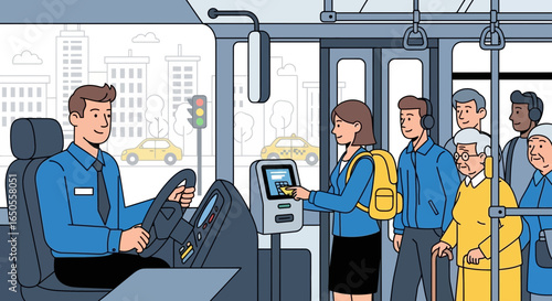 Passengers Boarding City Bus with Digital Payment and Driver – Public Transport and Urban Commuting Illustration