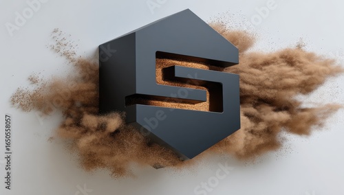 Dark, stylized 'S' logo, surrounded by erupting brown dust