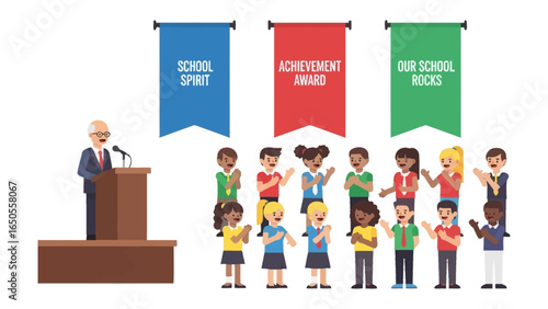 Inspiring Achievement: A distinguished leader addresses a group of enthusiastic students at a school event, banners highlighting school spirit and achievements.