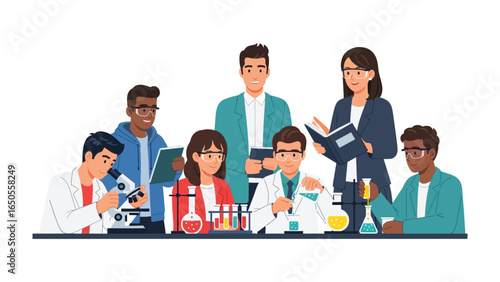 Scientific Collaboration: A diverse group of scientists collaborate in a modern laboratory setting, exemplifying teamwork and the pursuit of scientific discovery.