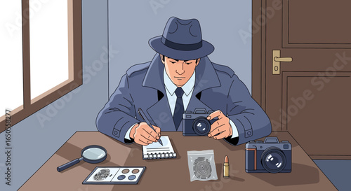 Detective Investigating Case with Notebook Camera and Evidence on Table – Crime Investigation Illustration