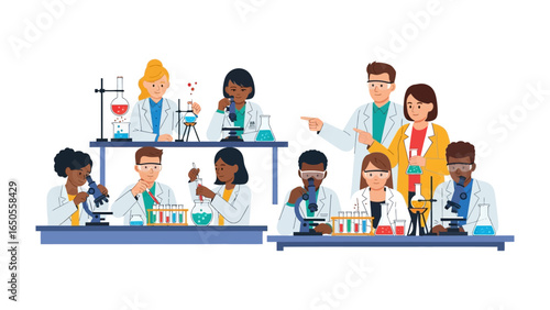 Scientific Breakthrough: A team of scientists collaborating in a laboratory setting, exploring a variety of experiments and making scientific advances