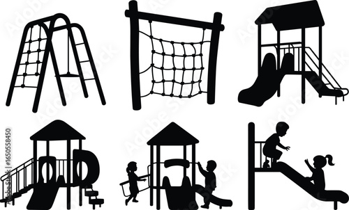 Silhouettes of kids playing on modern playground equipment, slide, swing, climbing net, outdoor fun, childhood activity, vector illustration, black and white