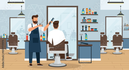 Flat vector illustration of barber cutting customer hair in modern barbershop interior with mirrors, chairs, grooming tools, professional hairstylist service and men’s haircut concept