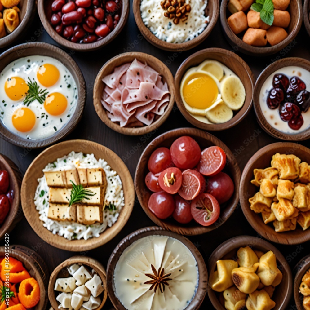 Fototapeta premium Overhead view of various bowls filled with diverse food ingredients and dishes