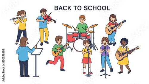 Back to School Music Class:  Illustrative ensemble of students playing musical instruments, embodies the energy and spirit of returning to the classroom and embracing the joy of music.