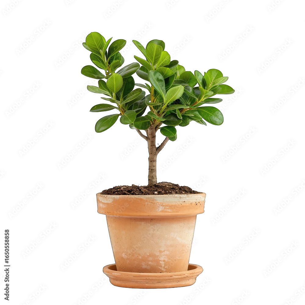 Obraz premium Small potted plant, vibrant green leaves on a light terracotta pot