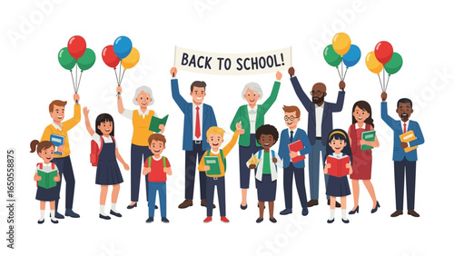 Back to School Celebration: Diverse students and teachers gather with balloons and banners, filled with anticipation for the new academic year, a scene that radiates joy, excitement.