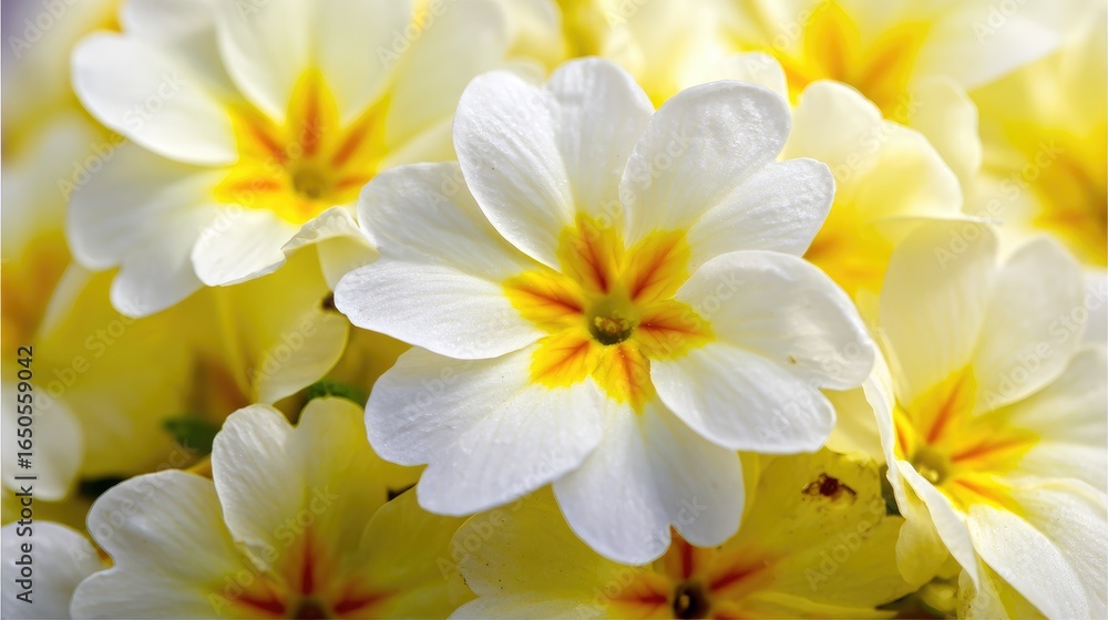Naklejka premium Close-up of many primroses, pale yellow with orange centers