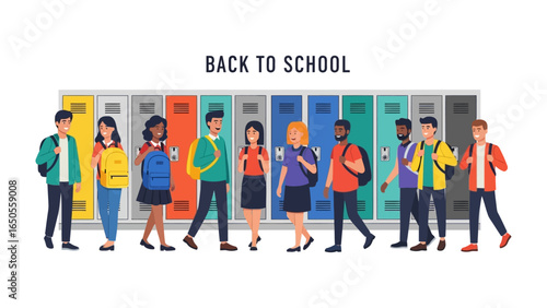 Back to School: Diverse students stand confidently, shoulder to shoulder, eager for the start of classes, ready to embrace knowledge. Against a backdrop of lockers.