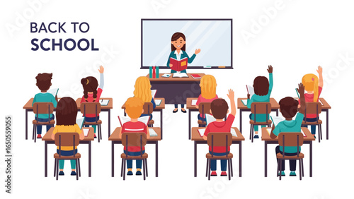 Back to School: A vibrant classroom scene, where students actively engage with their teacher, embodying the spirit of education and learning.