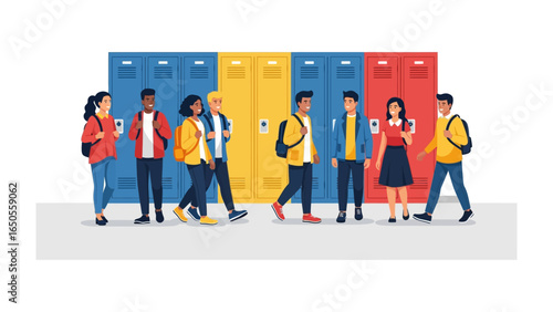 School life: The image depicts a group of diverse students in front of lockers.  