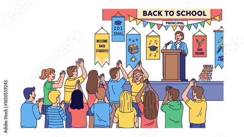 Back to School Speech: A spirited principal delivers an inspiring address to a diverse group of students, set against the backdrop of vibrant Back to School decorations.