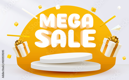 Mega sale banner. Colorful discount sale podium banner with present boxes. Vector illustration