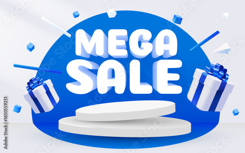Mega sale banner. Colorful discount sale podium banner with present boxes. Vector illustration