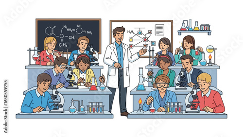 Science Lab: A classroom comes alive with collaborative activity. Students engage in scientific experiments, while a dedicated teacher guides them.