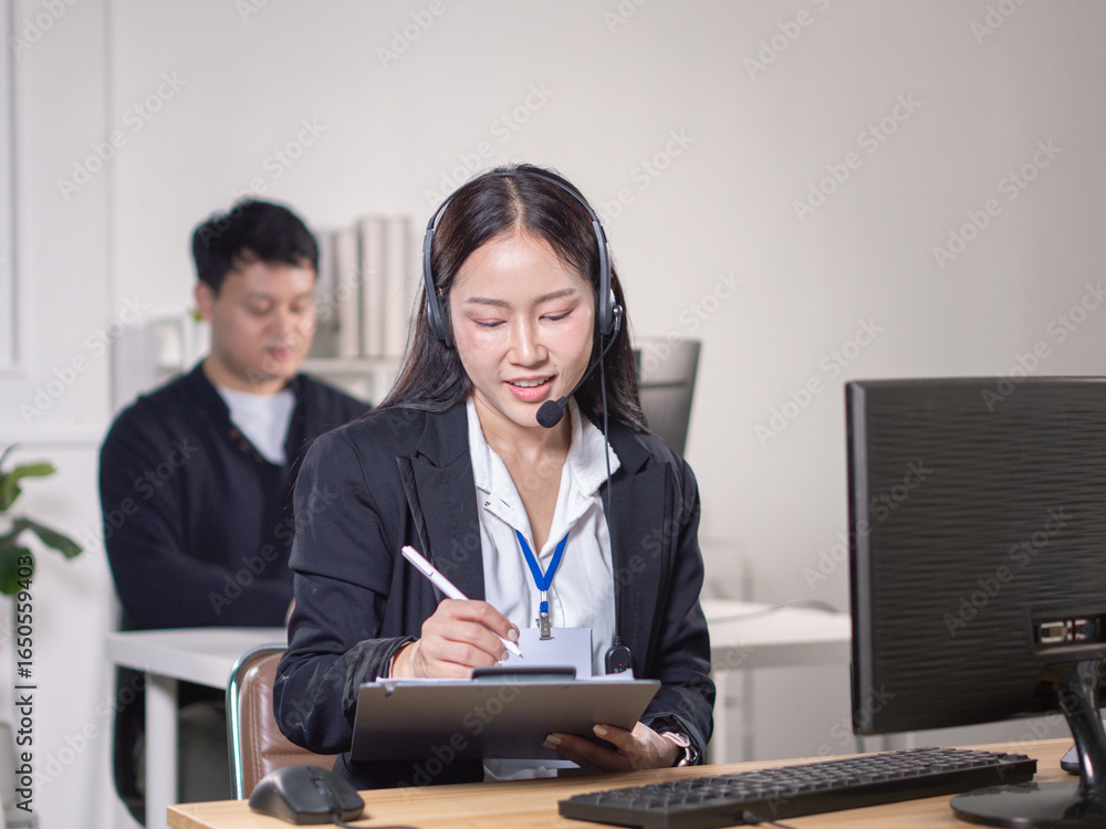Obraz premium An Asian woman in a suit and headset is taking notes at a computer. Look like a call center