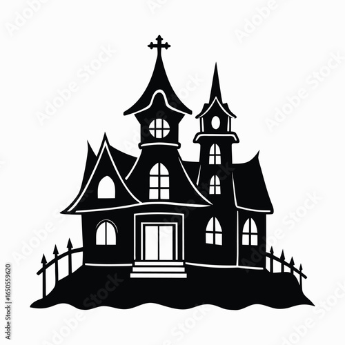 Fairytale medieval fortress with a fantasy tower and a vintage village drawing on the hill, an old castle design in the night sky