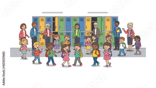 School Day Group: A scene of anticipation and camaraderie unfolds as students and teachers gather around school lockers on a vibrant school day. This graphic image represents learning, interaction.