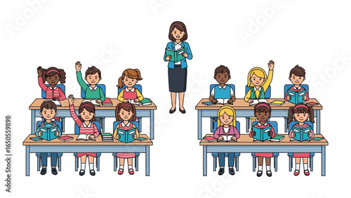 Classroom Learning: A lively classroom setting features engaged students and a teacher, fostering an environment of curiosity and academic pursuit.